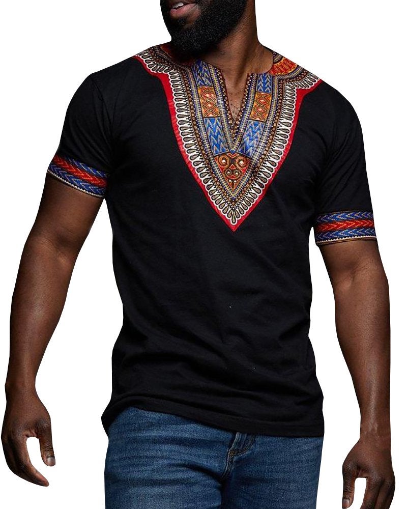 Makkrom Mens African Dashiki T Shirt Tribal Floral Print V Neck Slim Fit Shirts Tops - Image 1